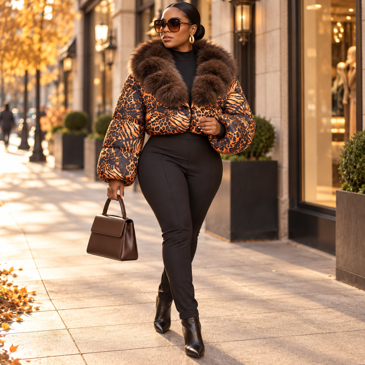 Luxury Animal Print Fox Fur Collar Bomber Jacket