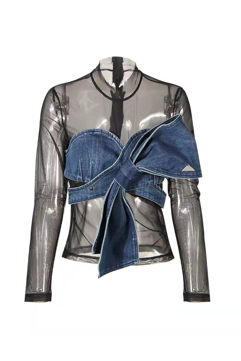 Denim Bow Mesh Zip Top