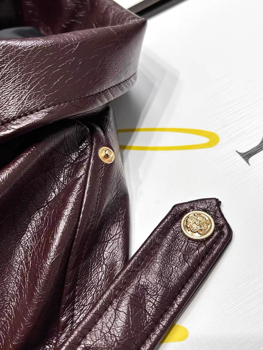 Burgundy faux leather moto jacket gold hardware detail
