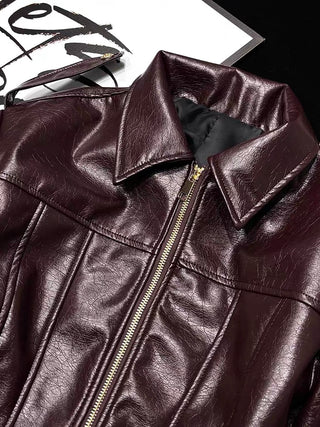 Burgundy faux leather moto jacket collar and gold zipper detail