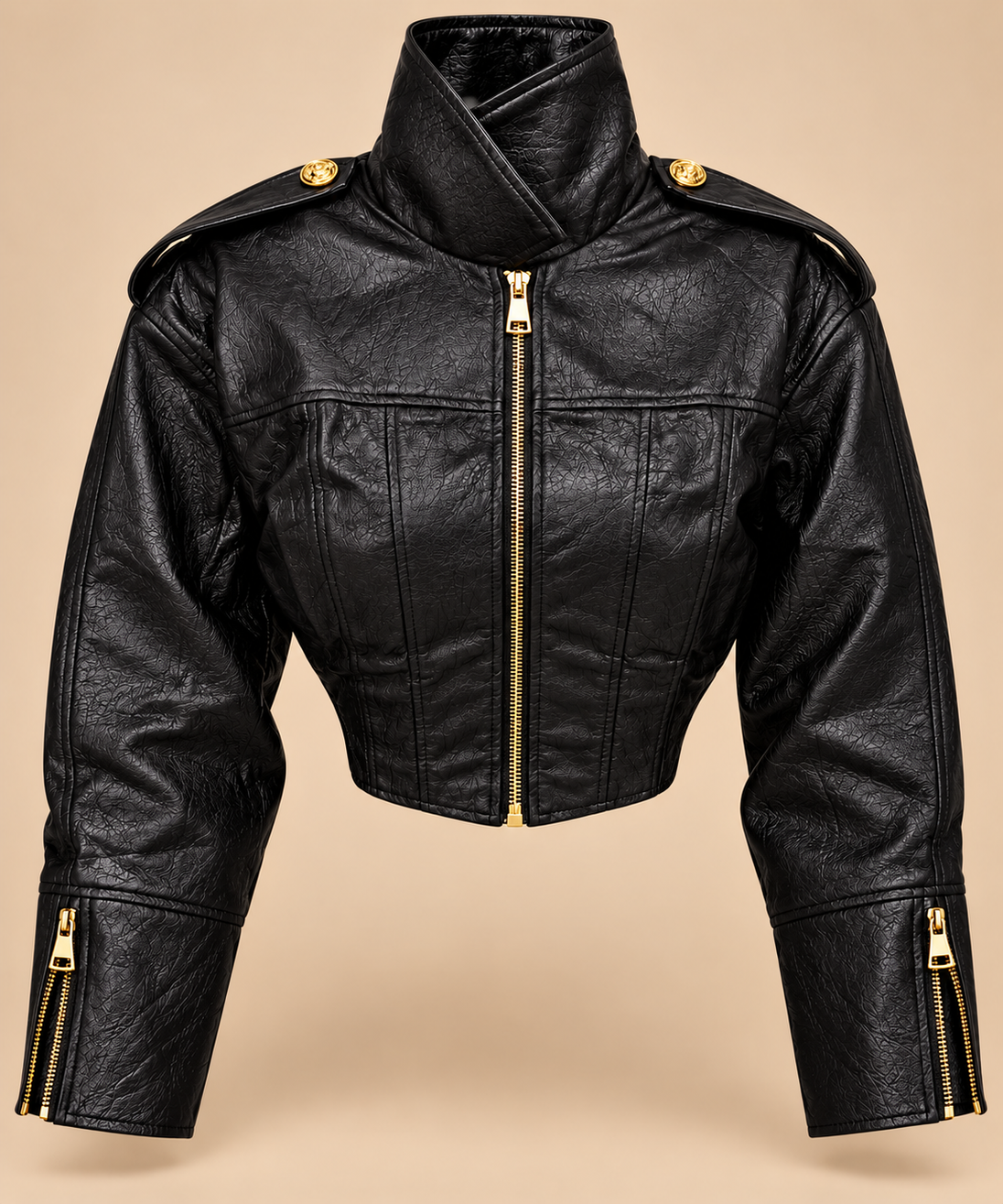 Black faux leather moto jacket front