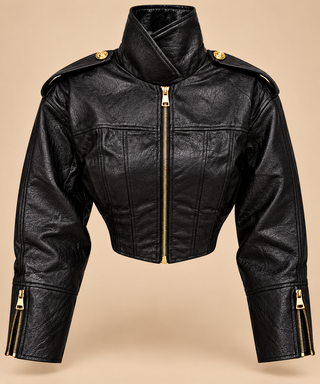 Black faux leather moto jacket front