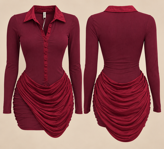 Burgundy draped mini dress product view