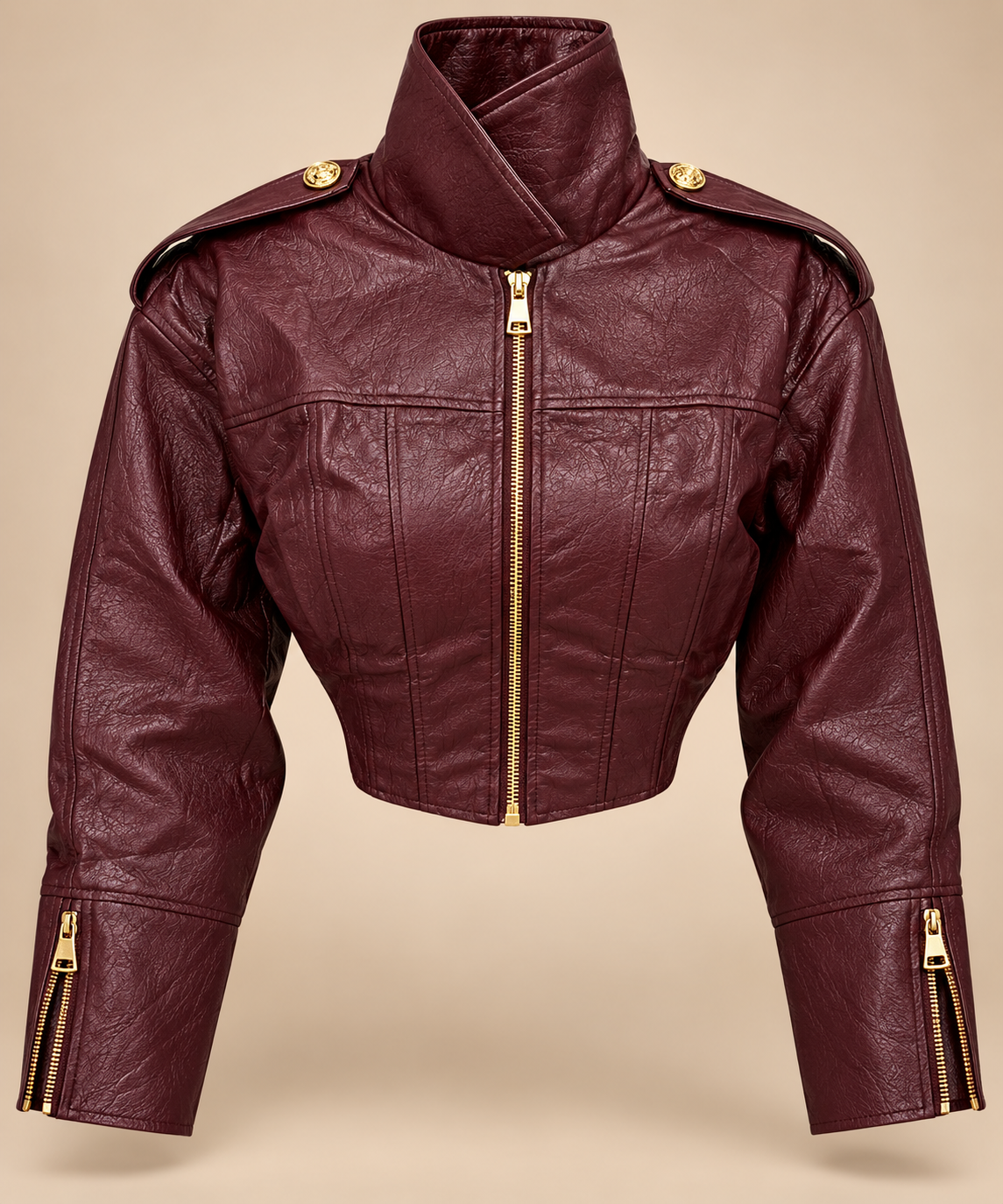 Burgundy faux leather moto jacket front