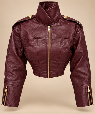 Burgundy faux leather moto jacket front