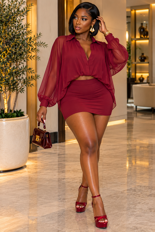 Burgundy sheer blouse and skirt set front
