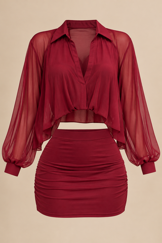 Burgundy sheer blouse and skirt set product shot