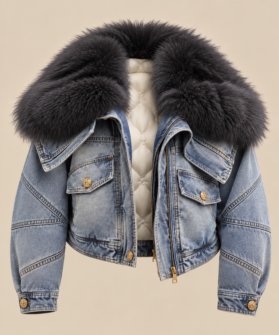 Charcoal genuine fox fur insulated denim jacket