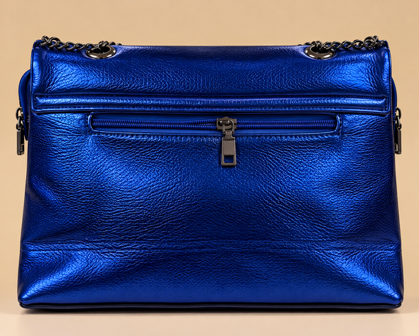 Metallic Luxe Chain Handbag in cobalt blue back view