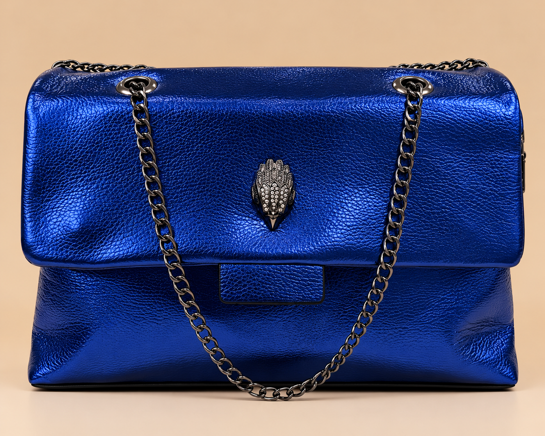 Metallic Luxe Chain Handbag in cobalt blue front view