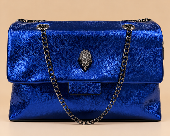 Metallic Luxe Chain Handbag in cobalt blue front view