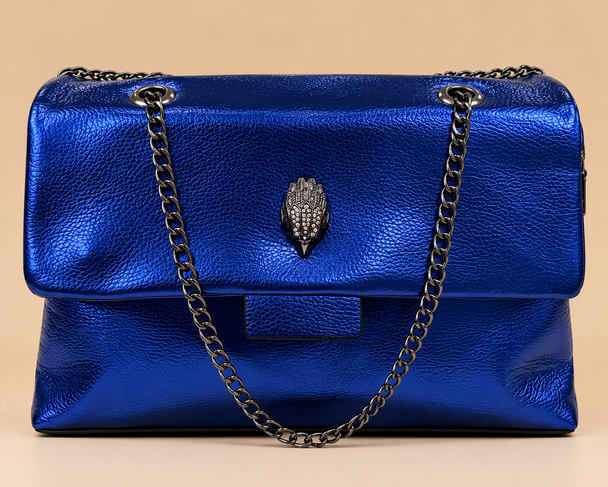 Metallic Luxe Chain Handbag in cobalt blue front view