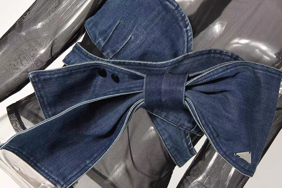 Denim bow wrap detail on black sheer mesh top