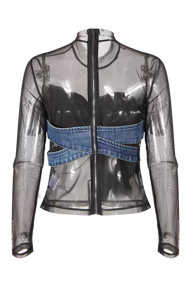 Black sheer mesh zip top with denim wrap detail front view