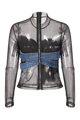 Black sheer mesh zip top with denim wrap detail front view