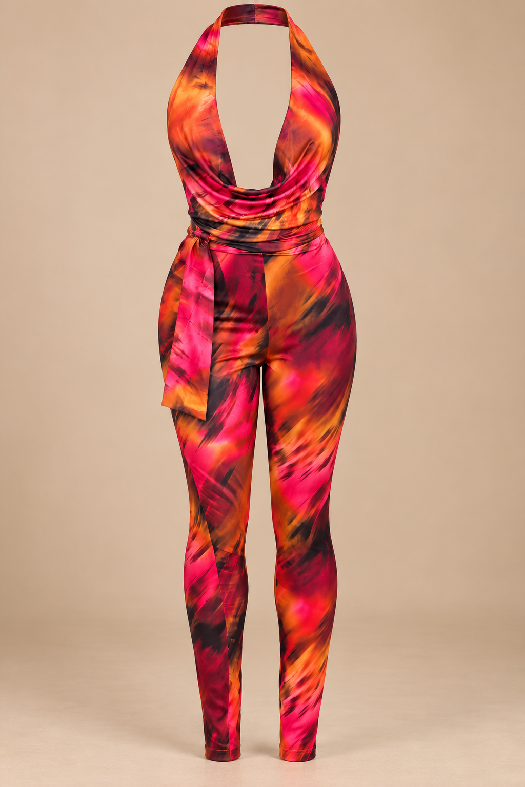 Fire print halter jumpsuit stock front view