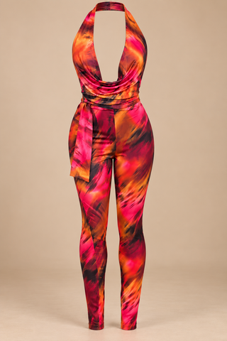 Fire print halter jumpsuit stock front view