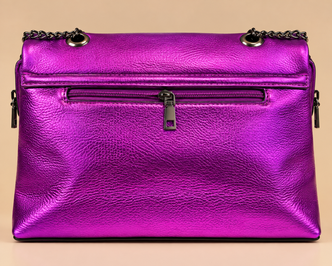 Metallic Luxe Chain Handbag in fuchsia back view