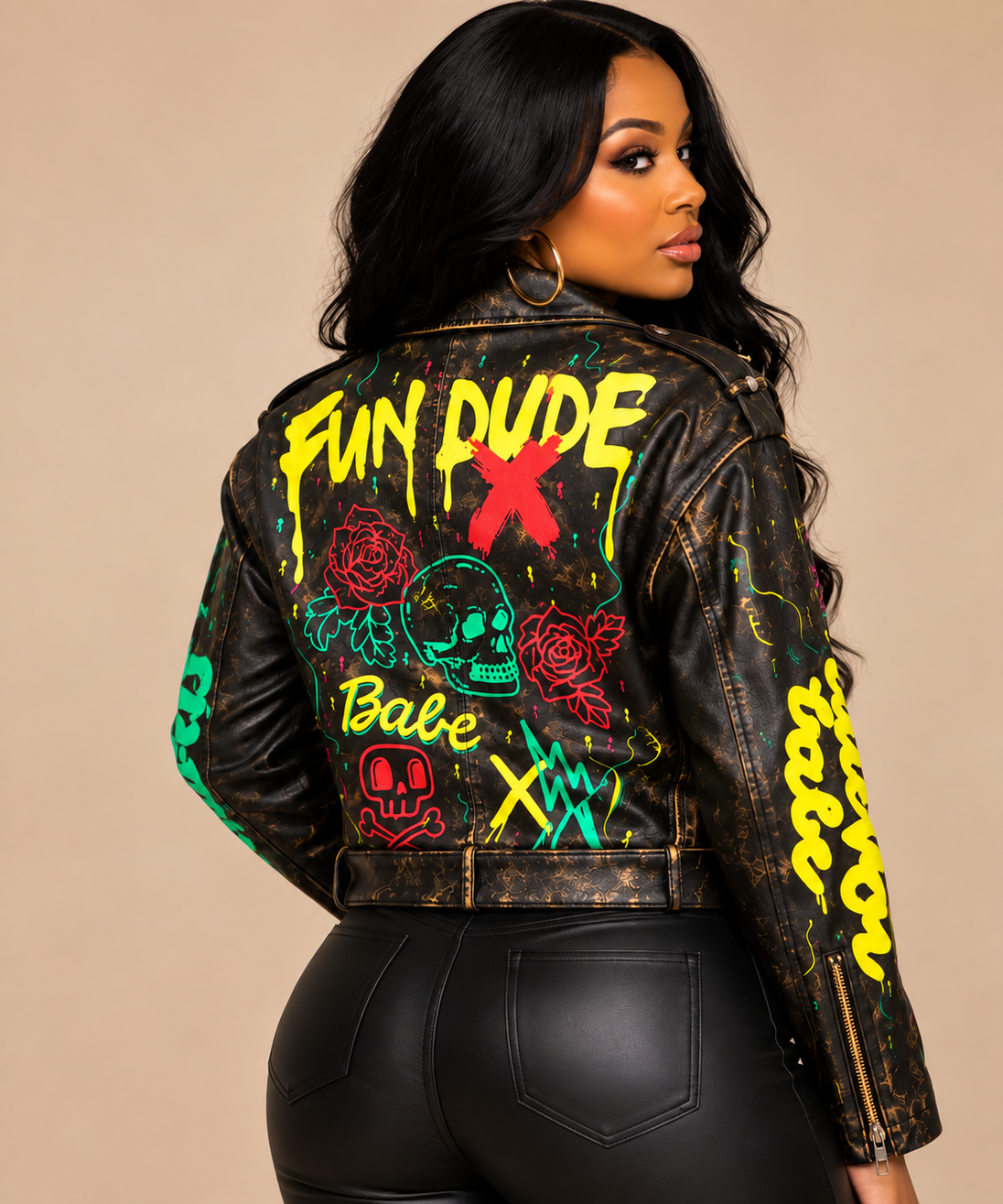 Woman modeling Graffiti Rebel Moto Jacket back view