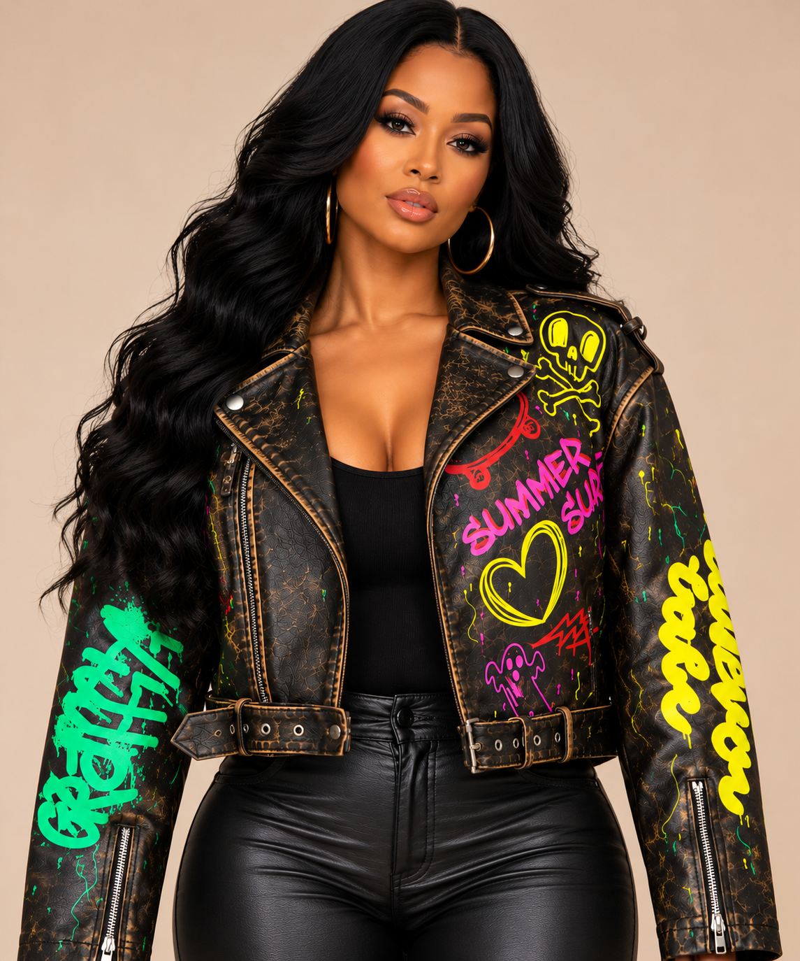 Woman modeling Graffiti Rebel Moto Jacket front view