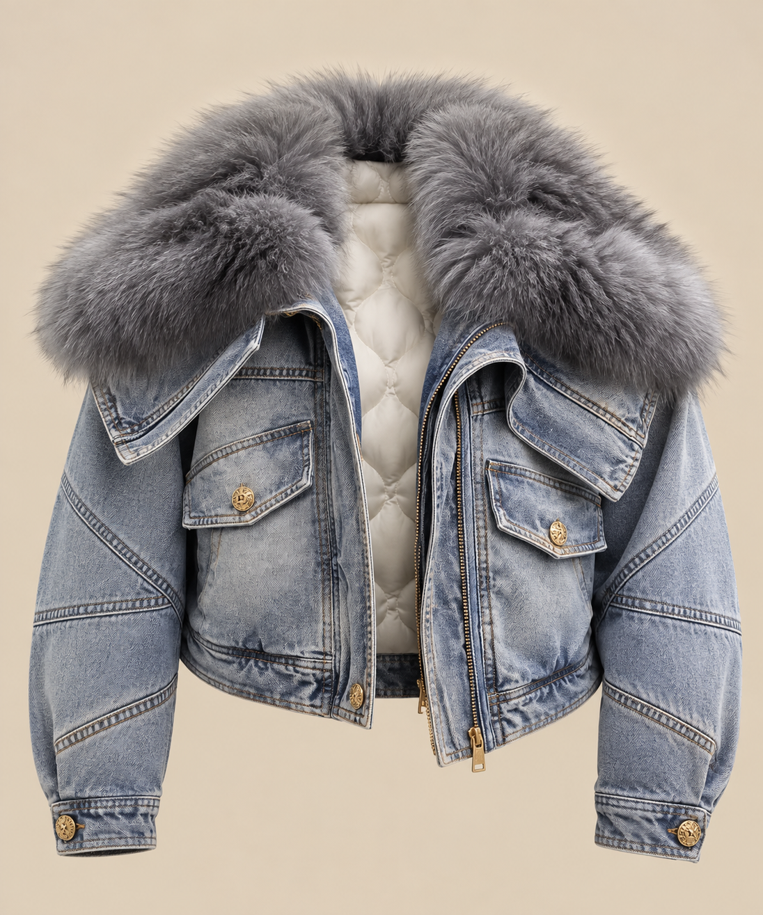 Grey genuine fox fur insulated denim jacket