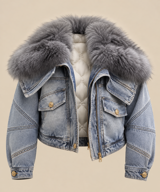 Grey genuine fox fur insulated denim jacket