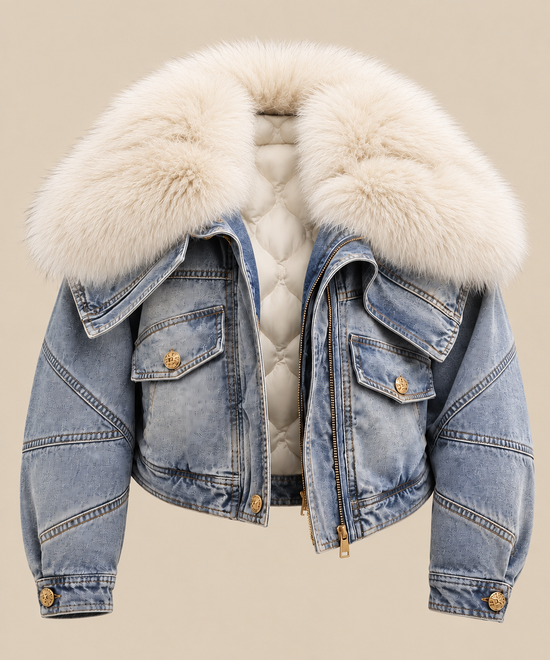 Ivory genuine fox fur insulated denim jacket