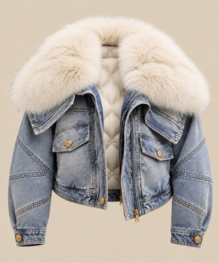 Ivory genuine fox fur insulated denim jacket