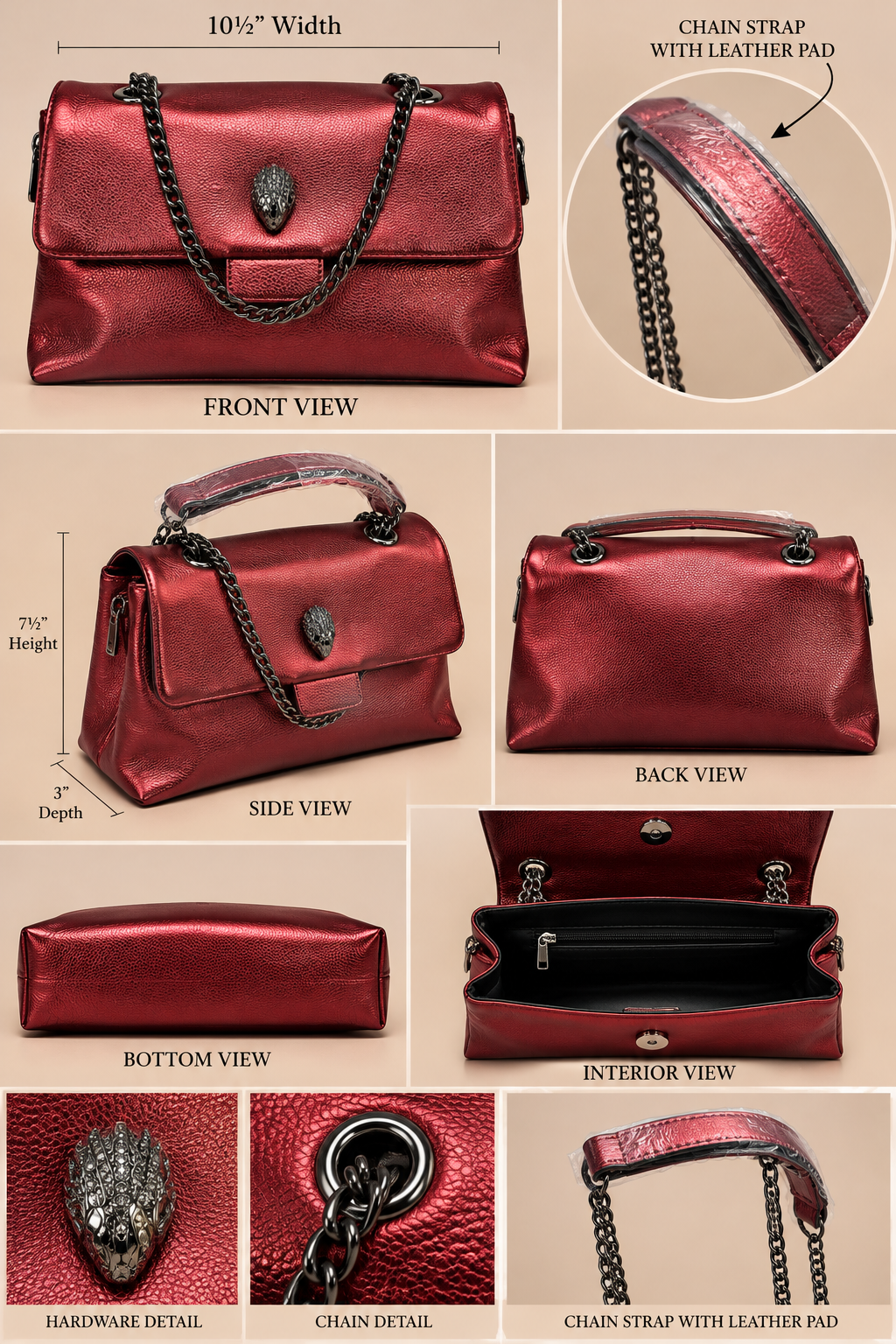 Metallic Red handbag dimensions and chain strap with leather pad