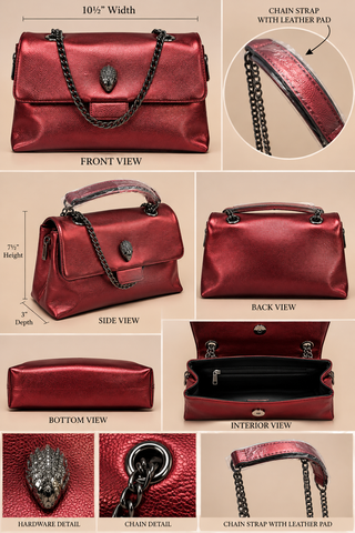 Metallic Red handbag dimensions and chain strap with leather pad