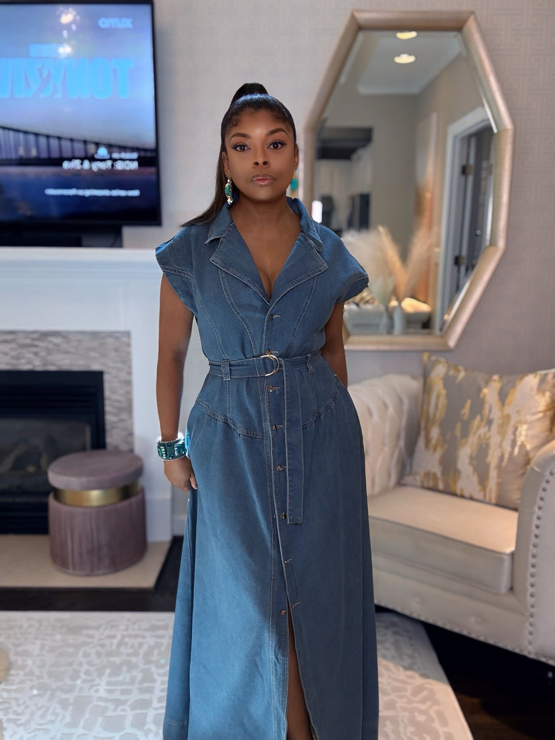 janet knit denim maxi dress MAXI FLERTY DENIM DRESS (RESTOCK) B-L-U-SH BY JOELLE