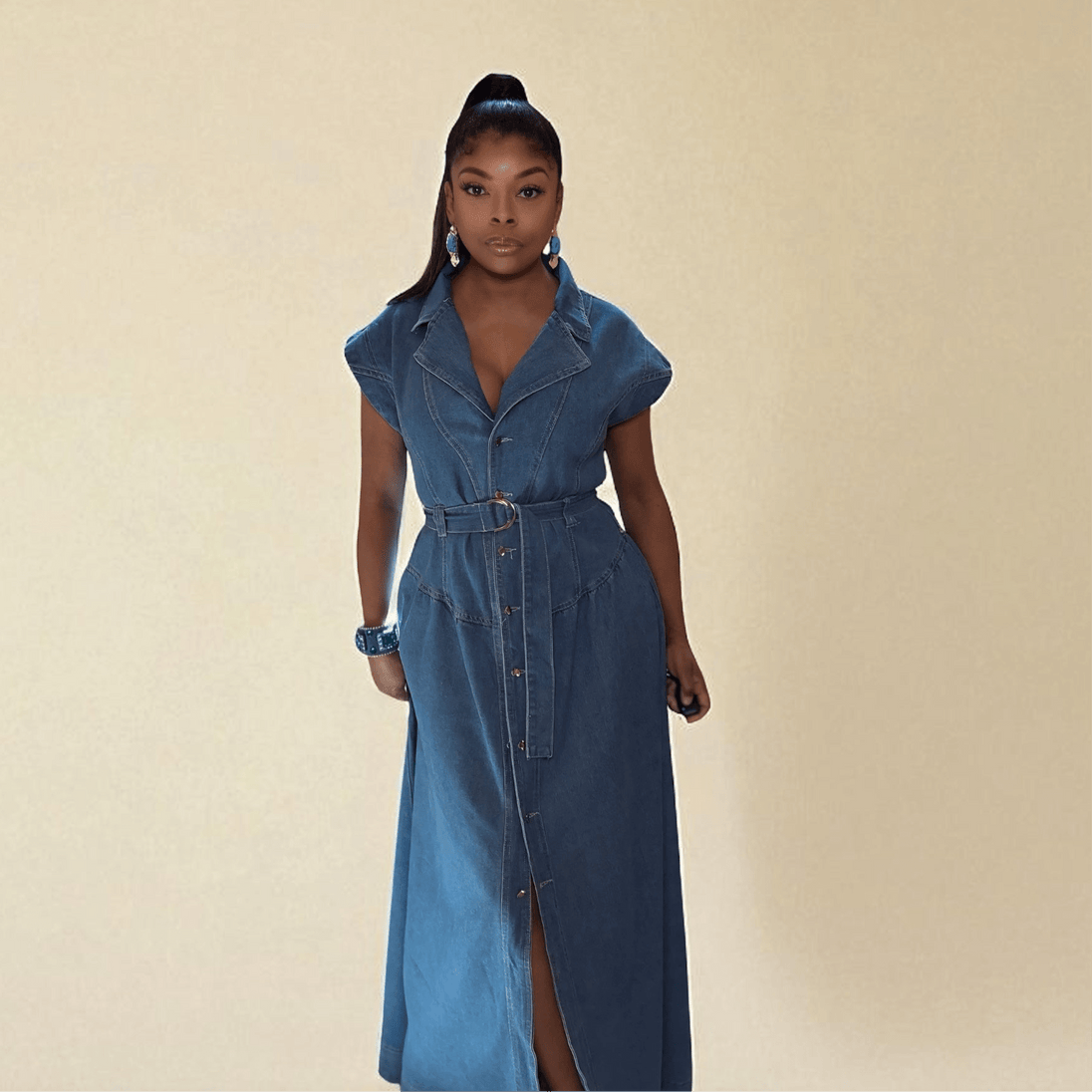 denim top maxi dress Denim Maxi Dress w/ Front Slit & Pockets 3XL