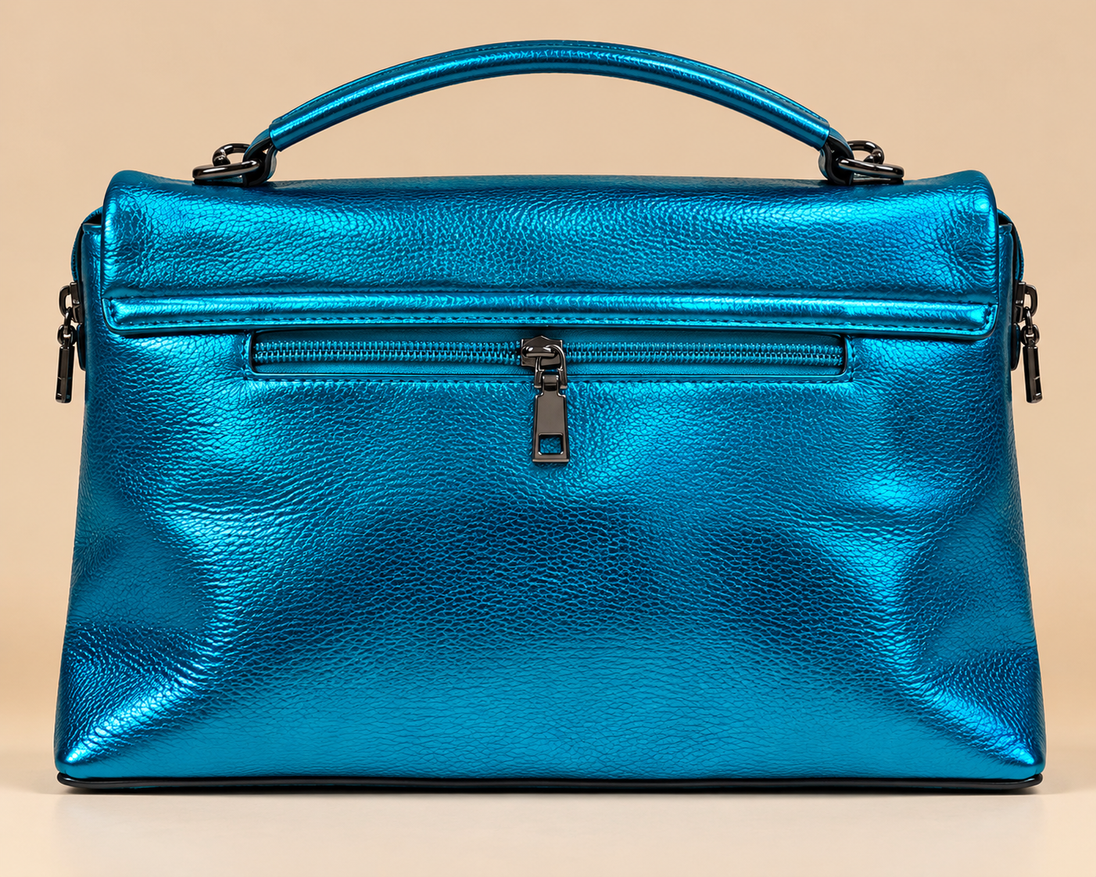 Metallic Luxe Chain Handbag in turquoise back view