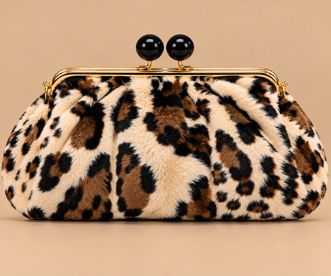 Leopard Print clutch tan background