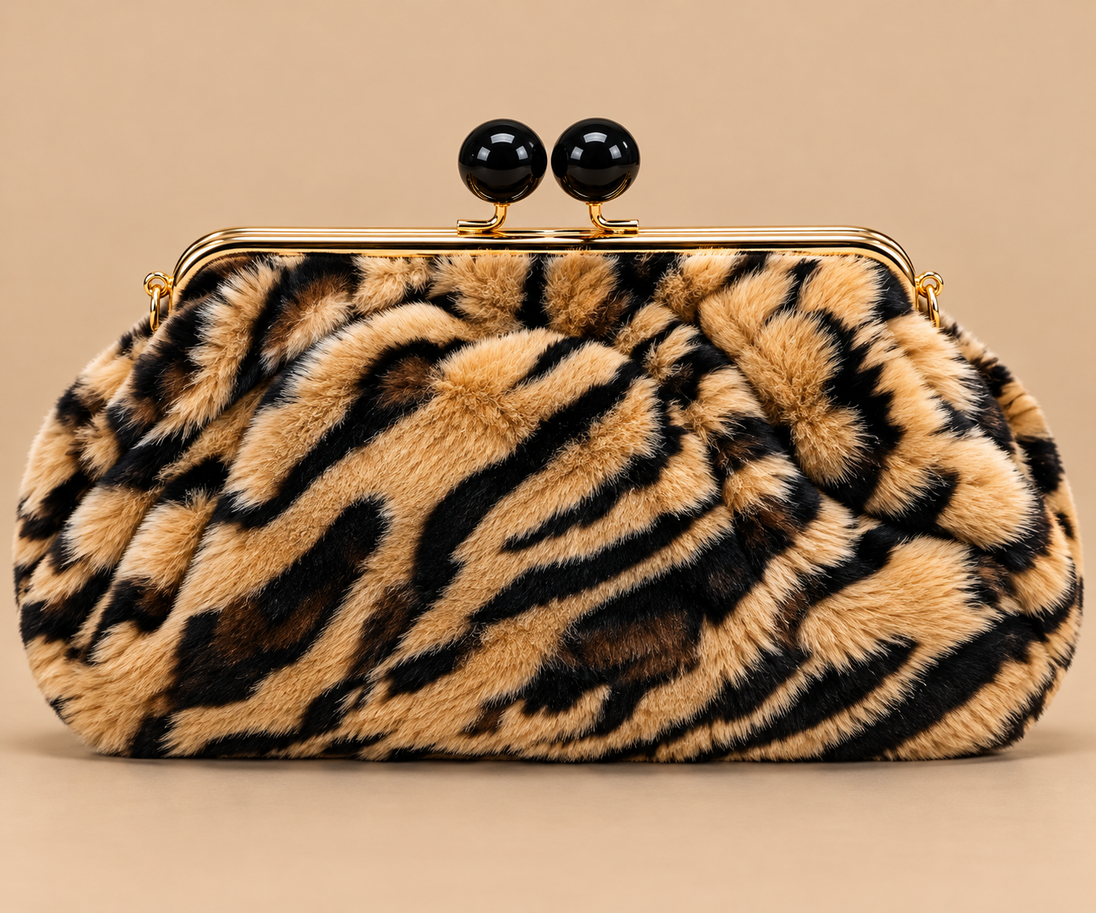 Tiger Print clutch tan background