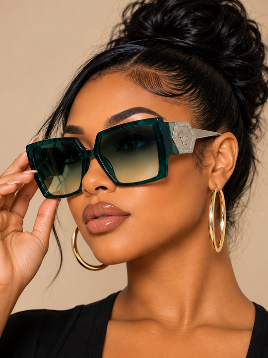 Model wearing green Versa Glasses