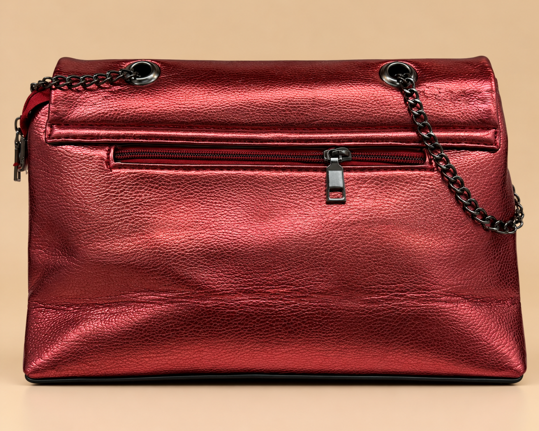 Metallic Luxe Chain Handbag in wine red back view